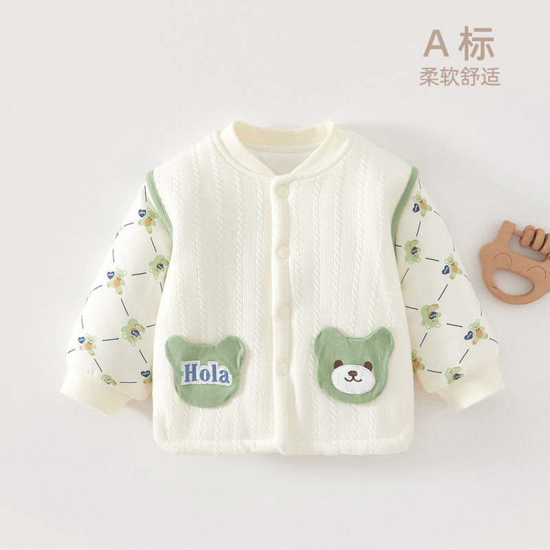 婴儿家居服上装单件纯棉秋冬薄棉新生儿男童宝宝夹棉保暖上衣无骨