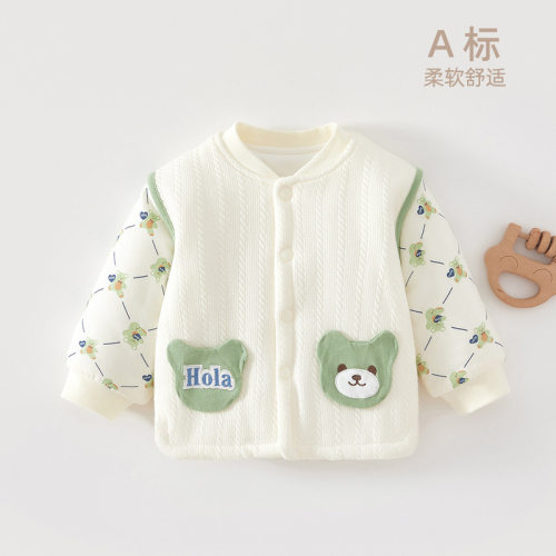 婴儿家居服上装单件纯棉秋冬薄棉新生儿男童宝宝夹棉保暖上衣无骨