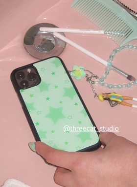 韩ins艺术绿色半调星星欧尼博主同款手机壳适用于iphone17promax/16pro苹果15/14/13/12黑边11保护套Xsmax