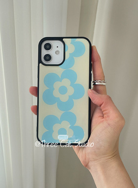 韩ins甜美蓝色花朵欧尼博主同款手机壳适用于iphone17promax/16pro苹果15/14/13/12黑边11保护套Xsmax