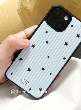 韩系ins蓝色条纹星星波点欧尼博主同款手机壳适用于iphone17promax/16pro苹果15/14/13/12黑边11保护套Xsmax