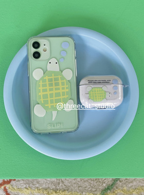 韩ins童趣可爱绿色小乌龟英文pro3高透耳机壳适用于苹果1/2/3/4代airpods pro 2 3硅胶保护套airpods4代软