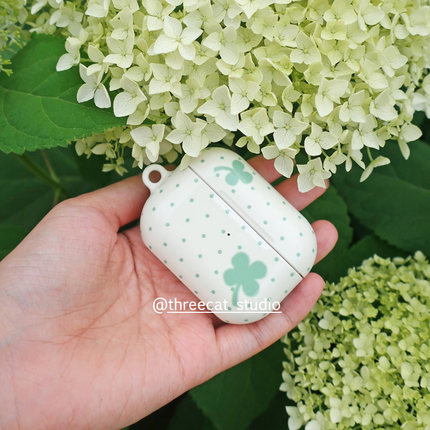 韩ins设计chic四叶草绿色小波点pro3进口菲林耳机壳适用于苹果1/2/3/4代airpods pro2保护套airpods 4代硬亮