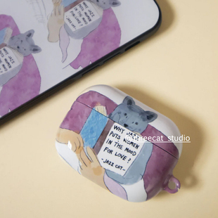 韩ins设计复古爱看书的jazz猫咪pro3进口菲林耳机壳适用于苹果1/2/3/4代airpods pro2保护套airpods 4代硬亮