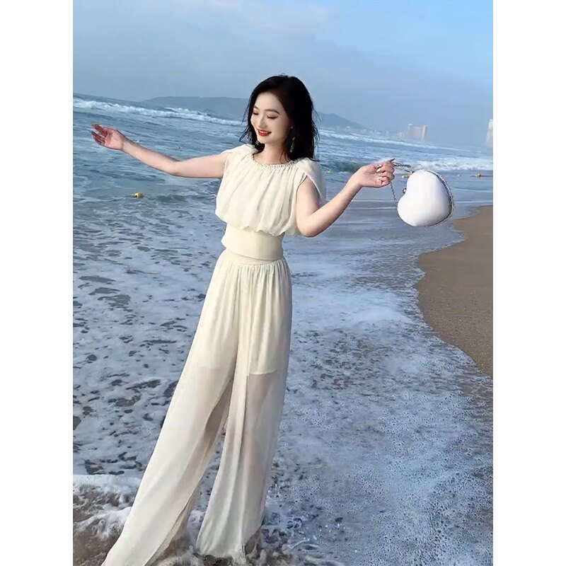 欧货时尚白色雪纺套装网红气质女神范显瘦减龄时髦阔腿裤两件套夏