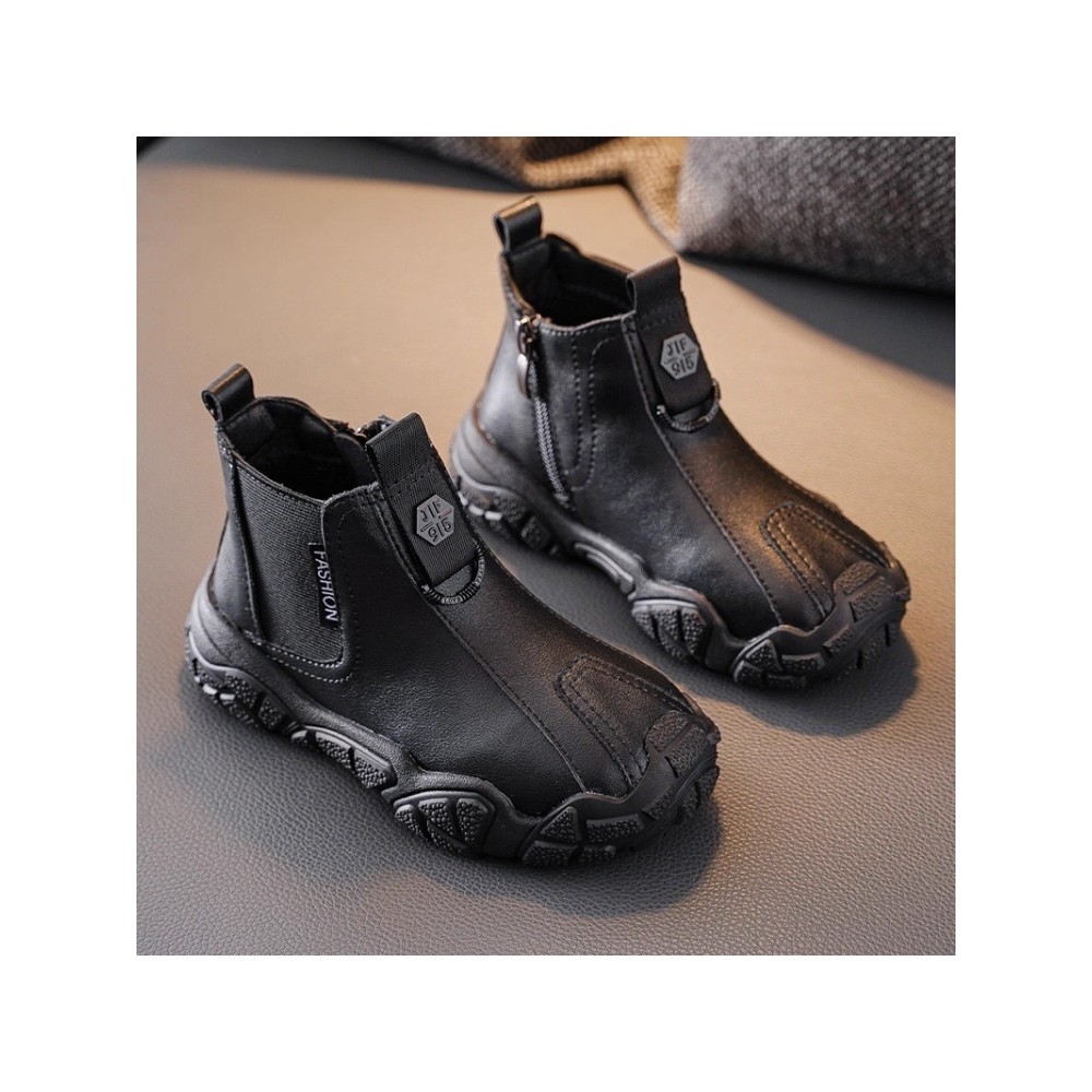 VTVK男童马丁靴2025秋冬新款黑色短靴加绒中大童儿童二棉真皮棉靴