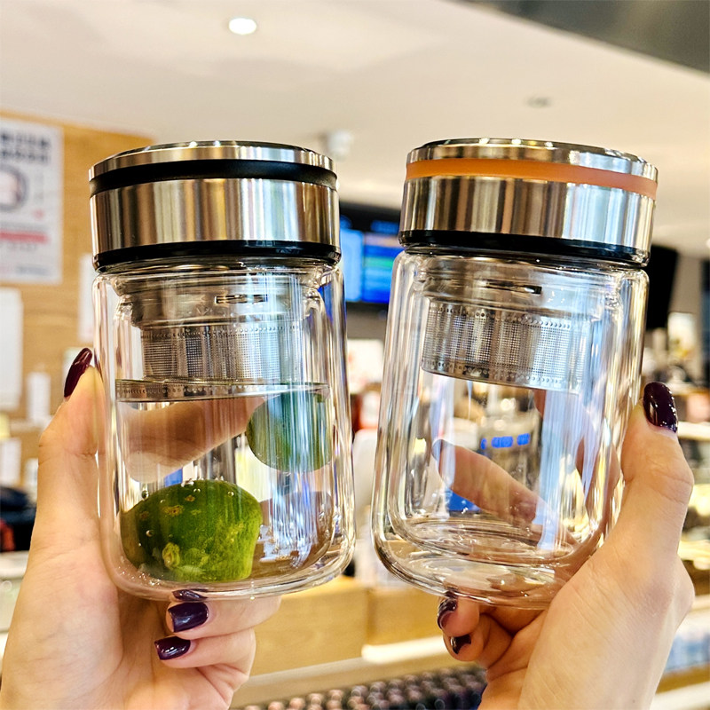 英国DHWA新款双层玻璃杯茶水分离泡茶杯小巧耐高温女办公室喝水杯