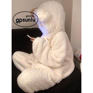 日本GP卡通连帽可爱珊瑚绒睡衣女冬季加厚保暖家居服套装外穿耳朵