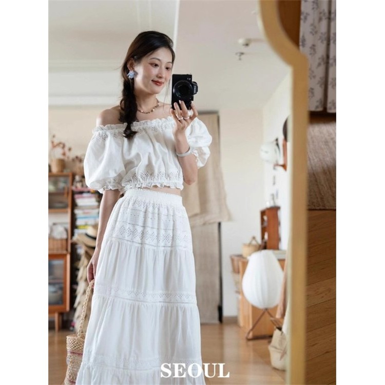 SEOUL喵/白色一字肩上衣度假套装女夏季高级感半身连衣裙两件套