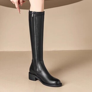 意大利Corso Venezia~圆头侧拉炼 炼 骑行靴女鞋秋冬新款粗中跟长