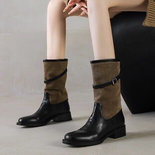 意大利Corso Venezia~真皮圆头皮带扣中粗跟中筒靴女皮带扣时装靴