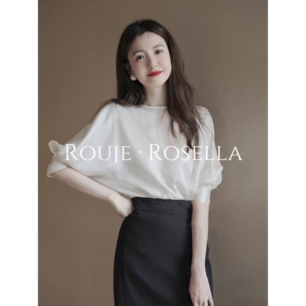 法国Rouje Rosella⭐白色泡泡袖雪纺上衣女冰丝宽松慵懒圆领短袖