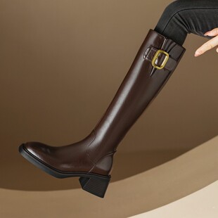 意大利设计师Corso Venezia~法式覆古全真皮粗跟高筒骑士靴女靴子