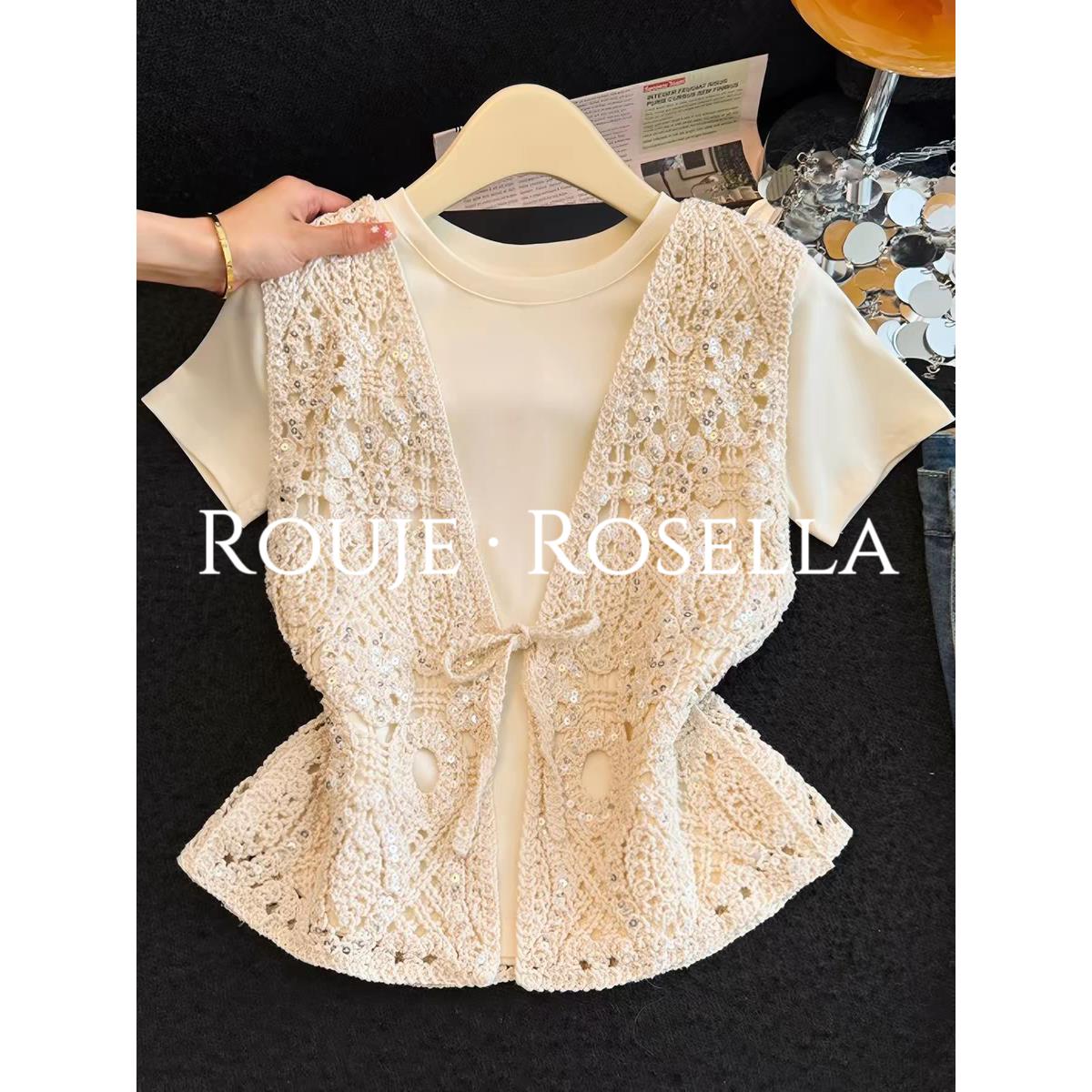 法国Rouje Rosella唯美时尚⭐镂空钩花珠片马甲女夏T恤两件套上衣