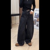 高腰裤 子2025春季 新款 覆古港风深色加厚阔腿牛仔裤 宽松显瘦拖地裤