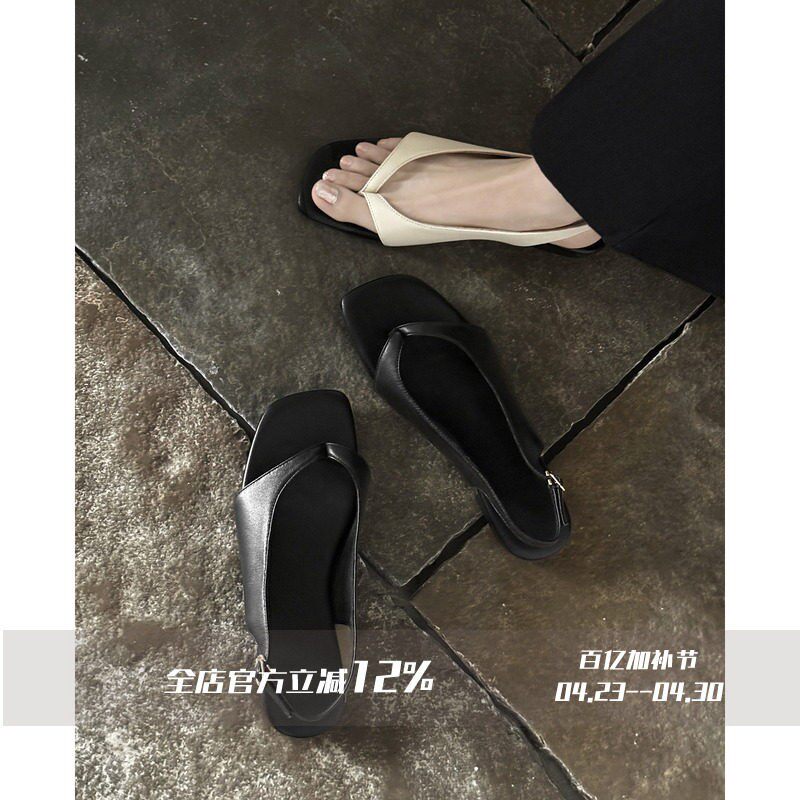 FairyWink 南港小姐~!复古套趾细带夹趾平底方头露趾凉鞋女夏季