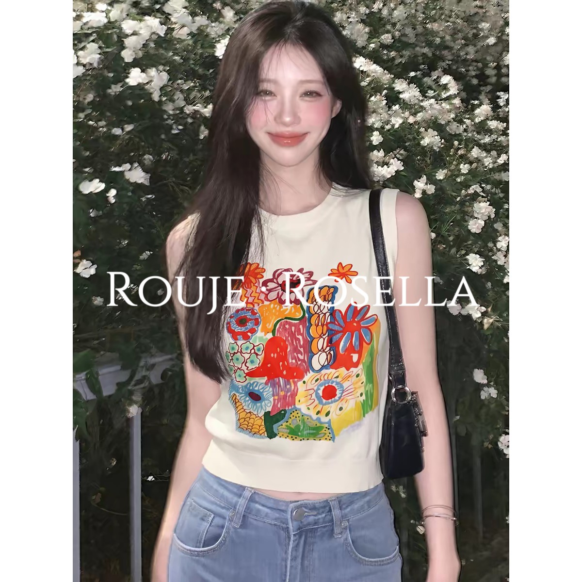 法国Rouje Rosella挚爱推荐⭐米白色印花无袖背心女夏多巴胺上衣