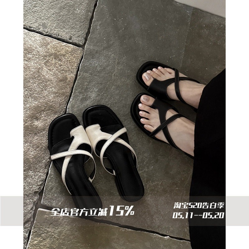 FairyWink 夏日氧气~!极简细带低跟凉拖鞋女夏季方头套趾人字拖