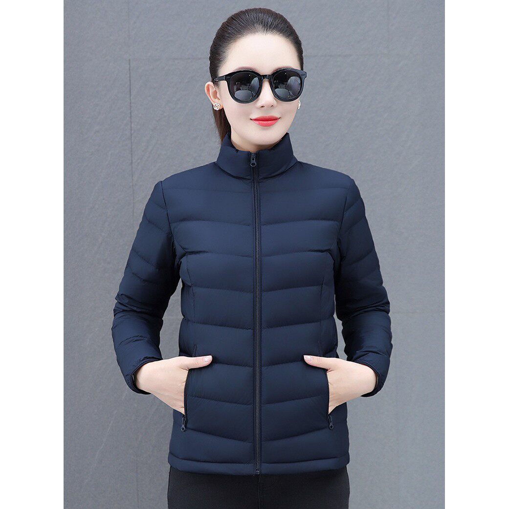 蓝色立领轻薄羽绒服女秋冬白鸭绒时尚流行修身中老年妈妈保暖外套