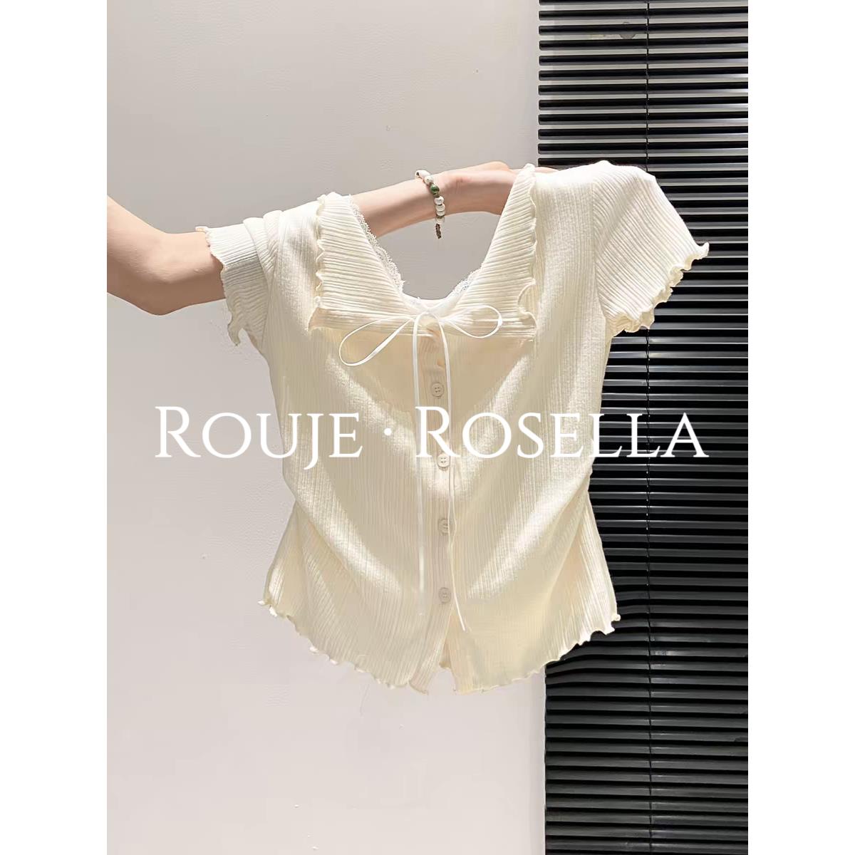 法国Rouje Rosella⭐温柔甜美荷叶边系带短袖T恤女夏宽松显瘦上衣