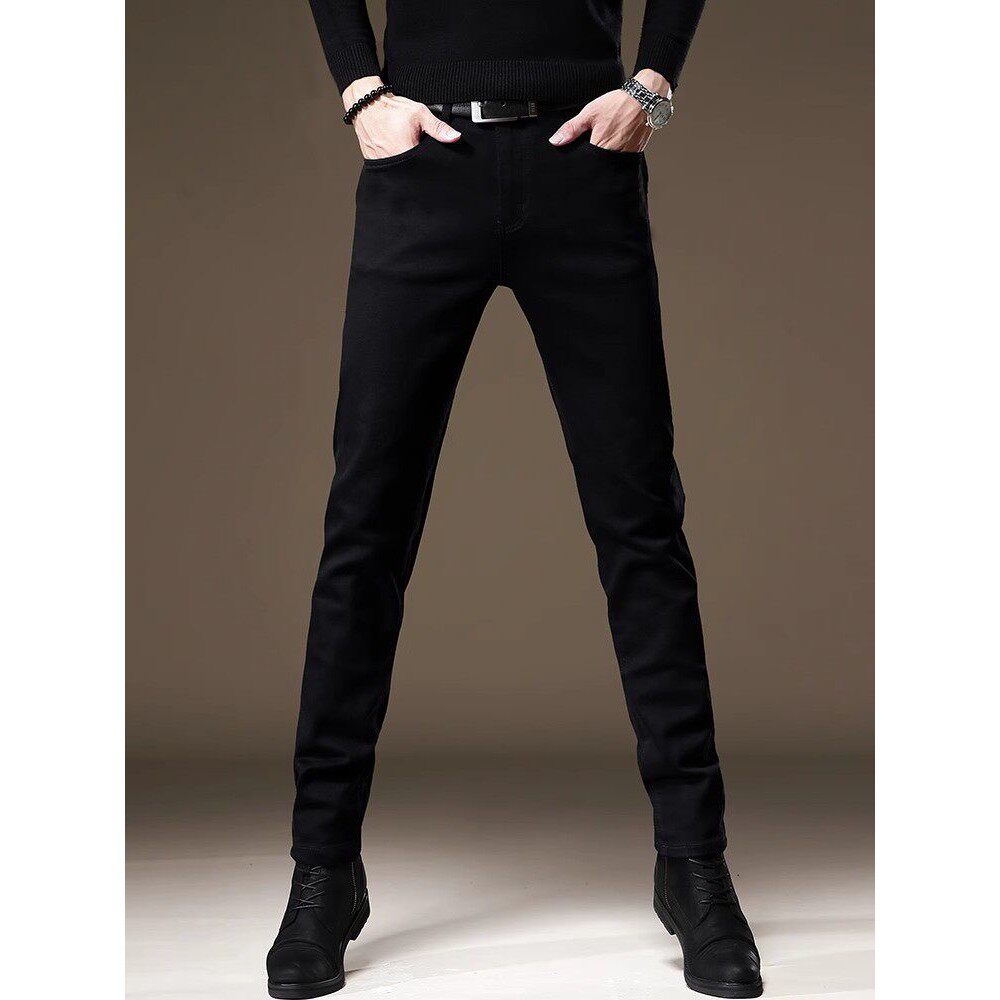 高端秋冬加绒纯黑色牛仔裤男潮牌修身小脚弹力潮流百搭休闲裤子男