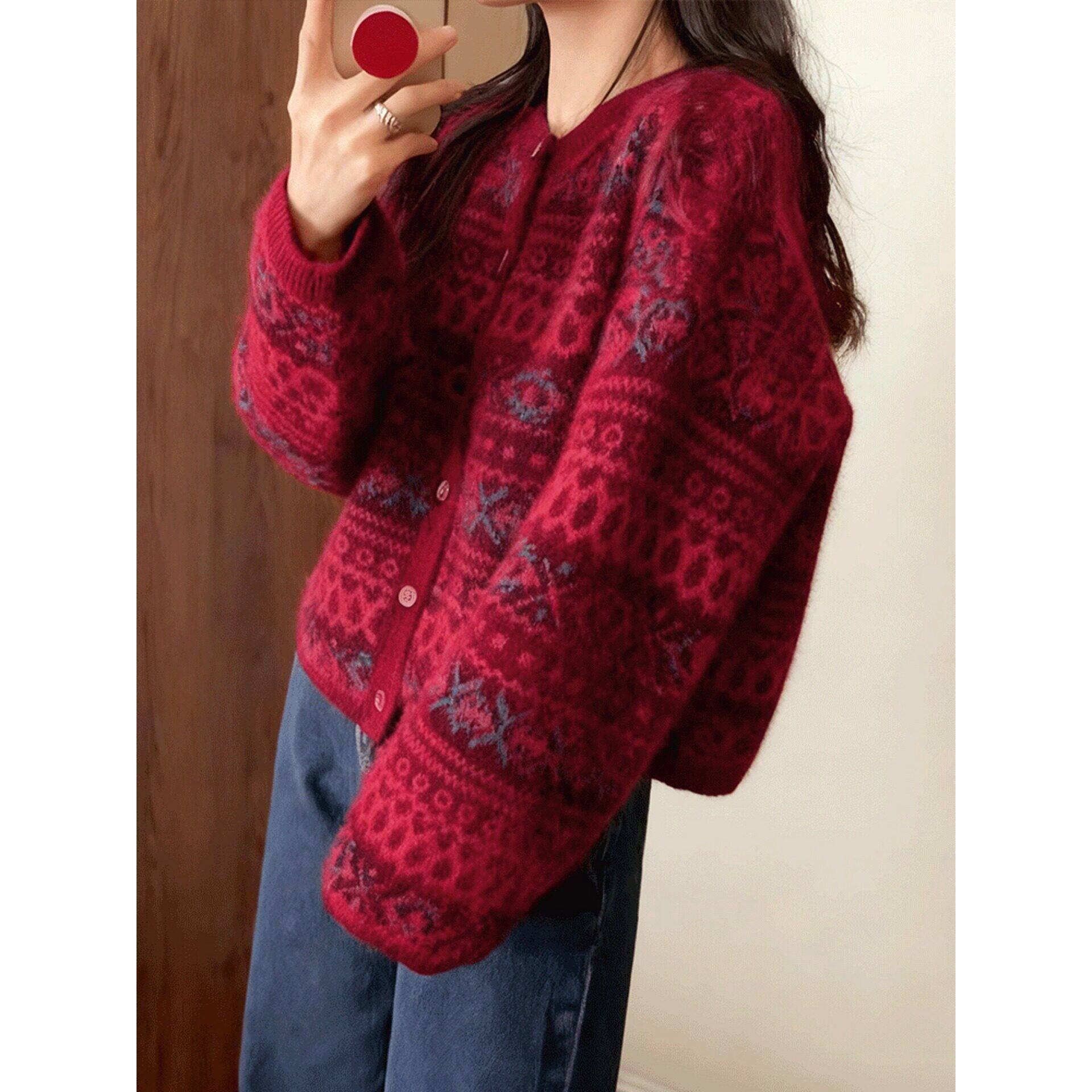 法式rixo kelly民族风红色提花毛衣外套女慵懒高级感洋气针织开衫