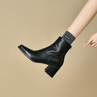 意大利Corso Venezia~水染头层牛皮复古方头短靴女高跟粗跟瘦瘦靴