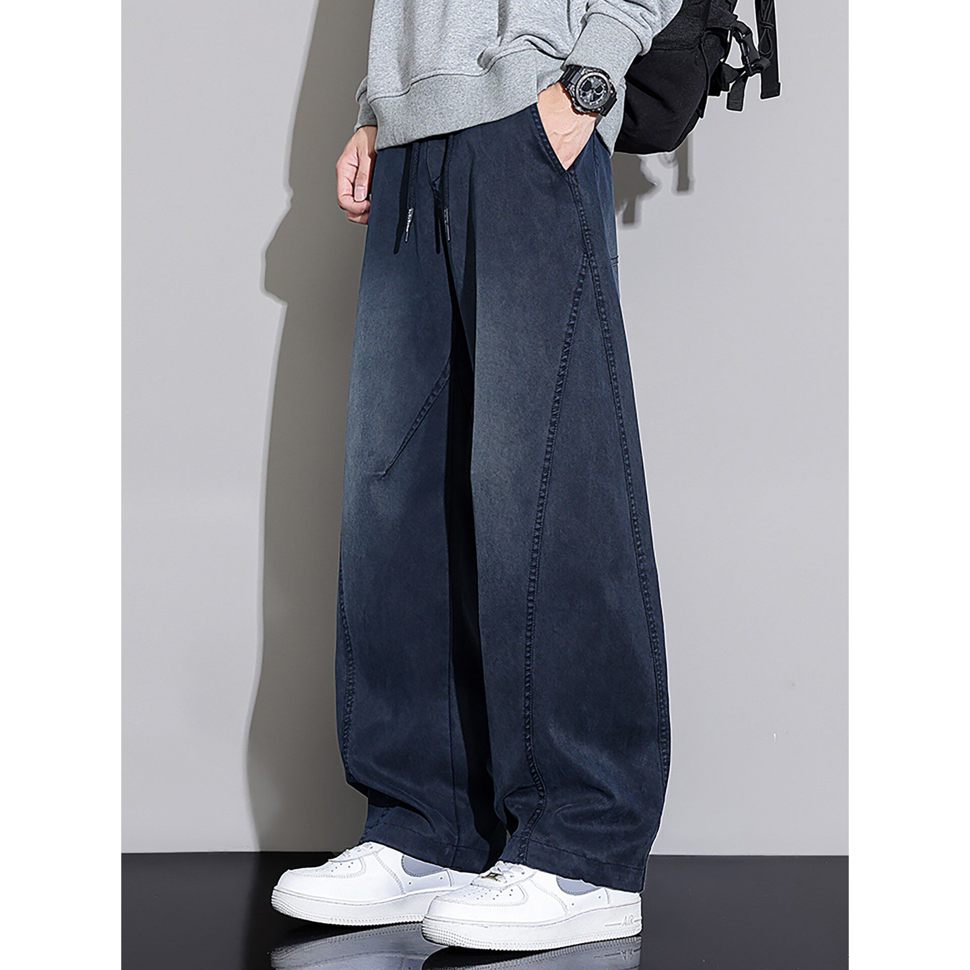 潮牌美式秋冬季加绒加厚弯刀牛仔裤男士宽松阔腿裤水洗休闲长裤子