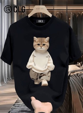 香港Clg Trbottomy品牌260g重型卡通猫印花纯棉短袖t恤宽松夏季休
