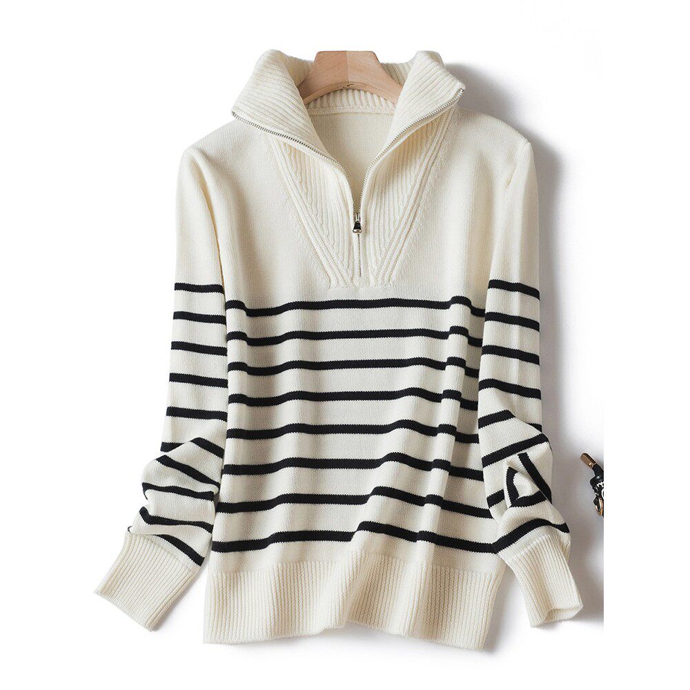 海魂衫加厚100%羊毛可立领可翻领拉炼半门襟针织衫条纹毛衣外套秋