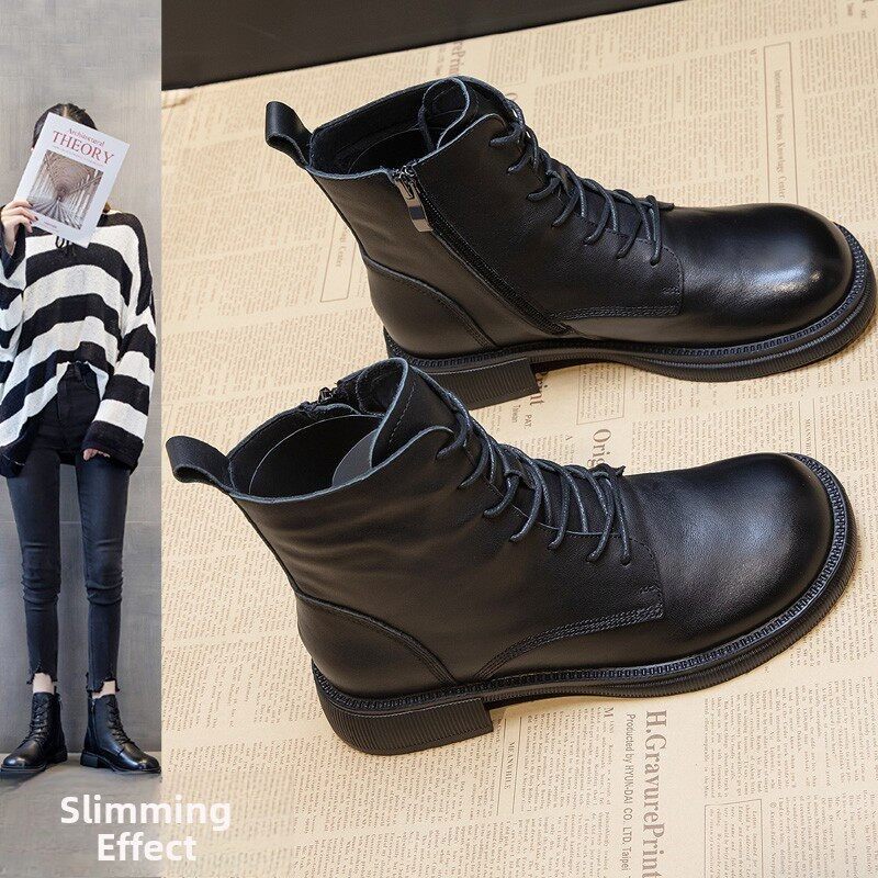女式天鹅绒英伦风格大尺寸真皮短靴2025秋冬新款平底鞋黑色系带靴,女鞋,马丁靴,淘宝优惠券,粉丝福利购,淘宝优惠卷