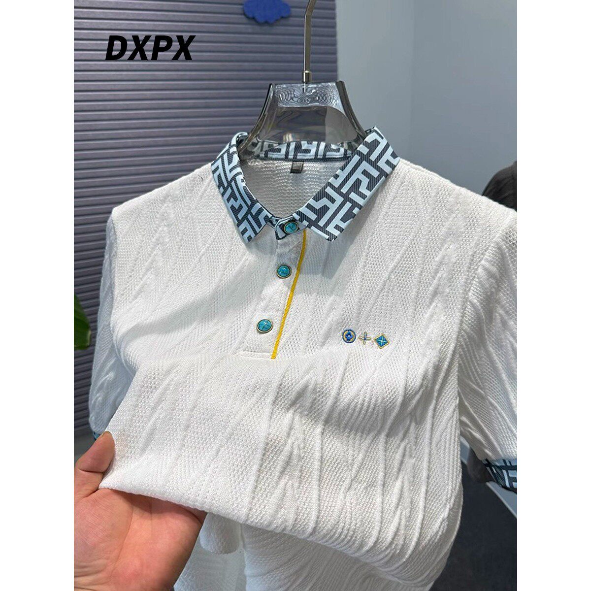 DXPX品牌专柜提花覆古宝石四合扣针织polo衫男短袖夏季翻领t恤衫