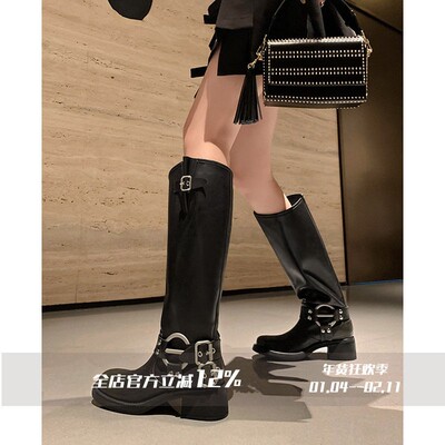 FairyWink 甜酷辣妹～！高筒皮带扣西部牛仔靴女长筒靴粗跟骑士靴