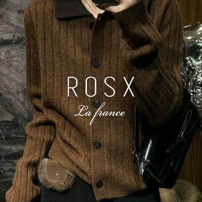 ROSX法式棕色翻领撞色单排扣针织衫女秋冬新款慵懒风百搭内搭毛衣