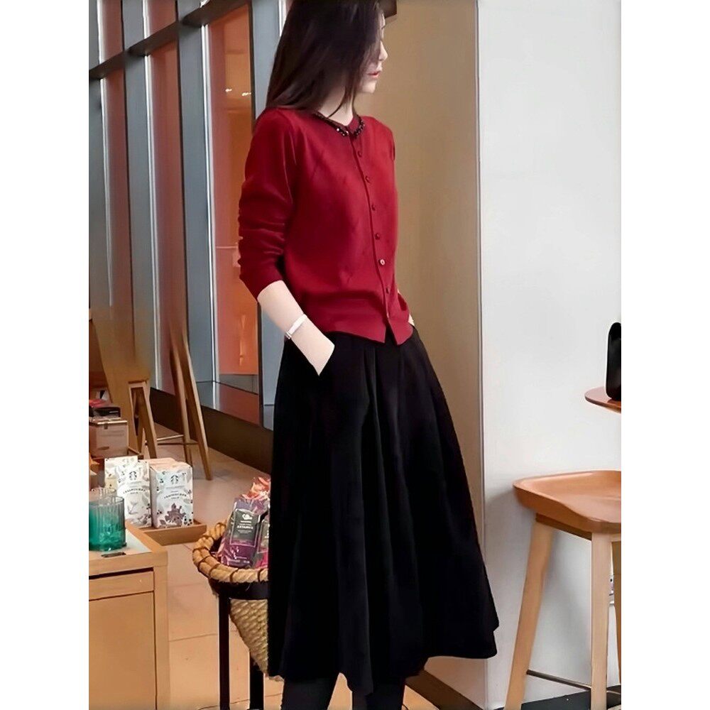 FAhi 2025秋季新款法式桔梗红色针织衫淑女风半身裙搭配一整套装