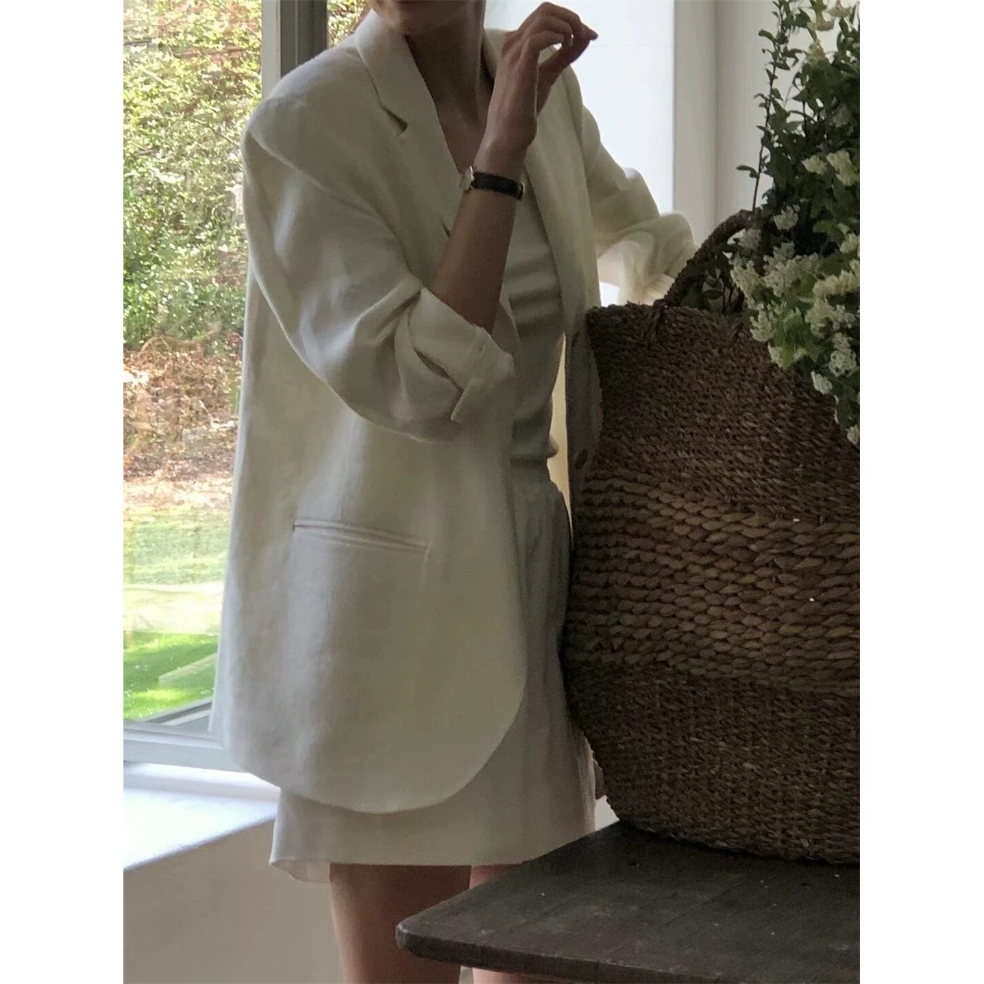 WFYO/2026夏新款韩版休闲 宽松防晒薄款亚麻白色小西装外套女西服