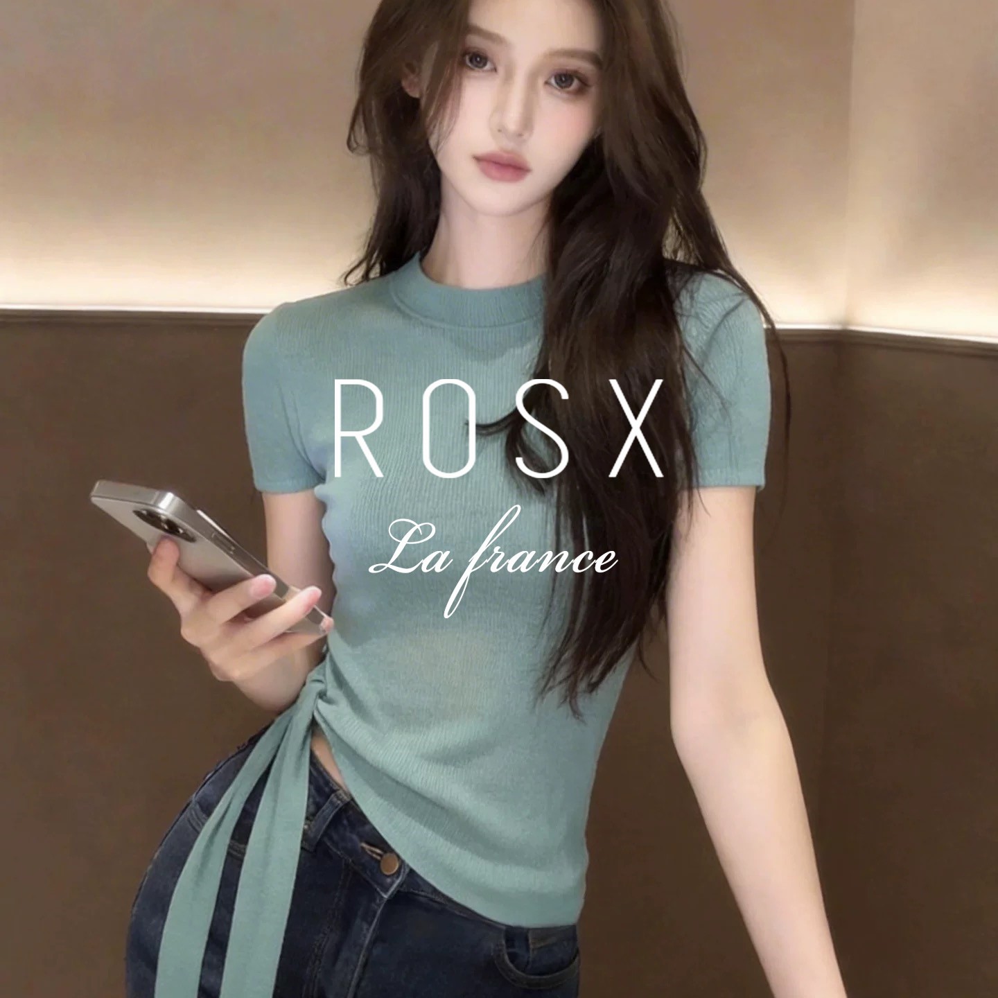ROSX法式气质薄荷绿短袖针织衫女夏季设计感侧边绑带修身上衣T恤