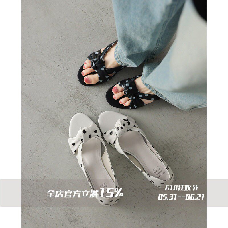 FairyWink 南法少女～！法式复古圆头露趾波点粗跟休闲凉鞋女夏季