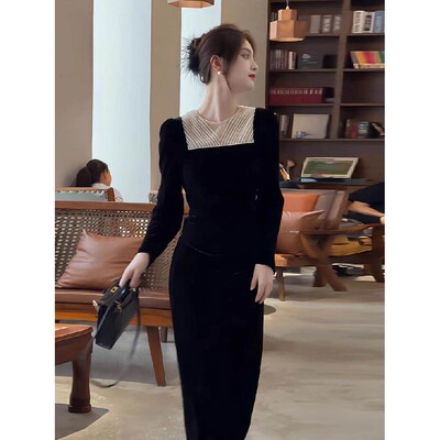 FAshi 2024秋冬新款法式赫本风女神长裙气质名媛显瘦丝绒连衣裙子