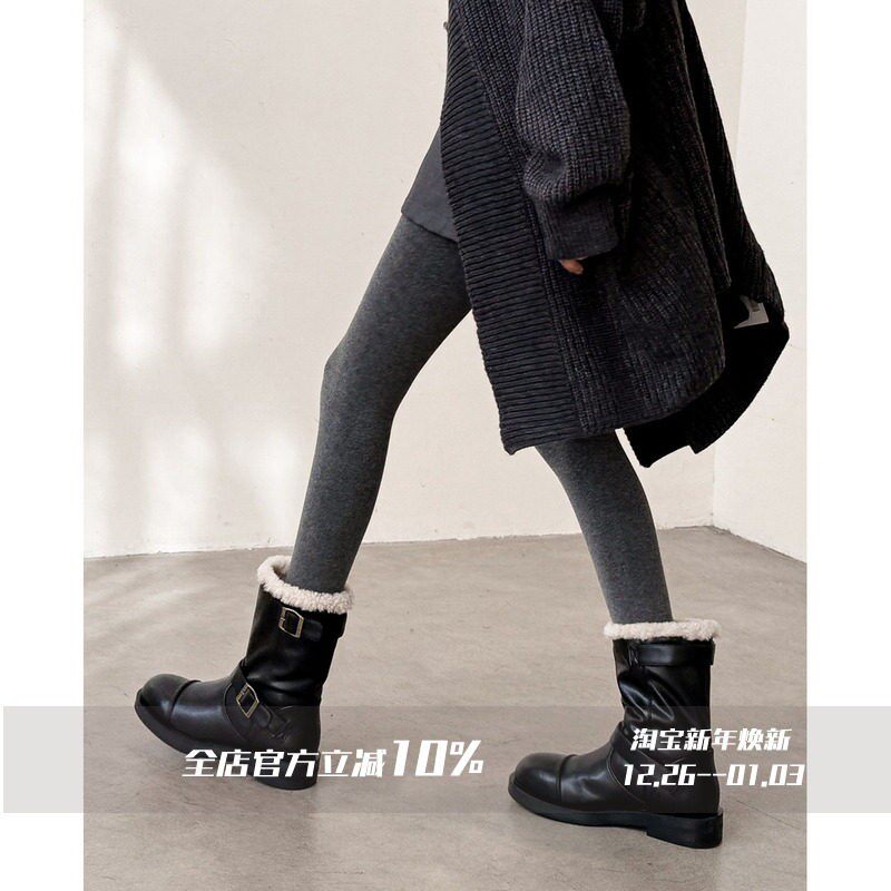 FairyWink 酷飒出镜～！粗跟可翻折雪地靴女冬圆头马丁靴机车短靴