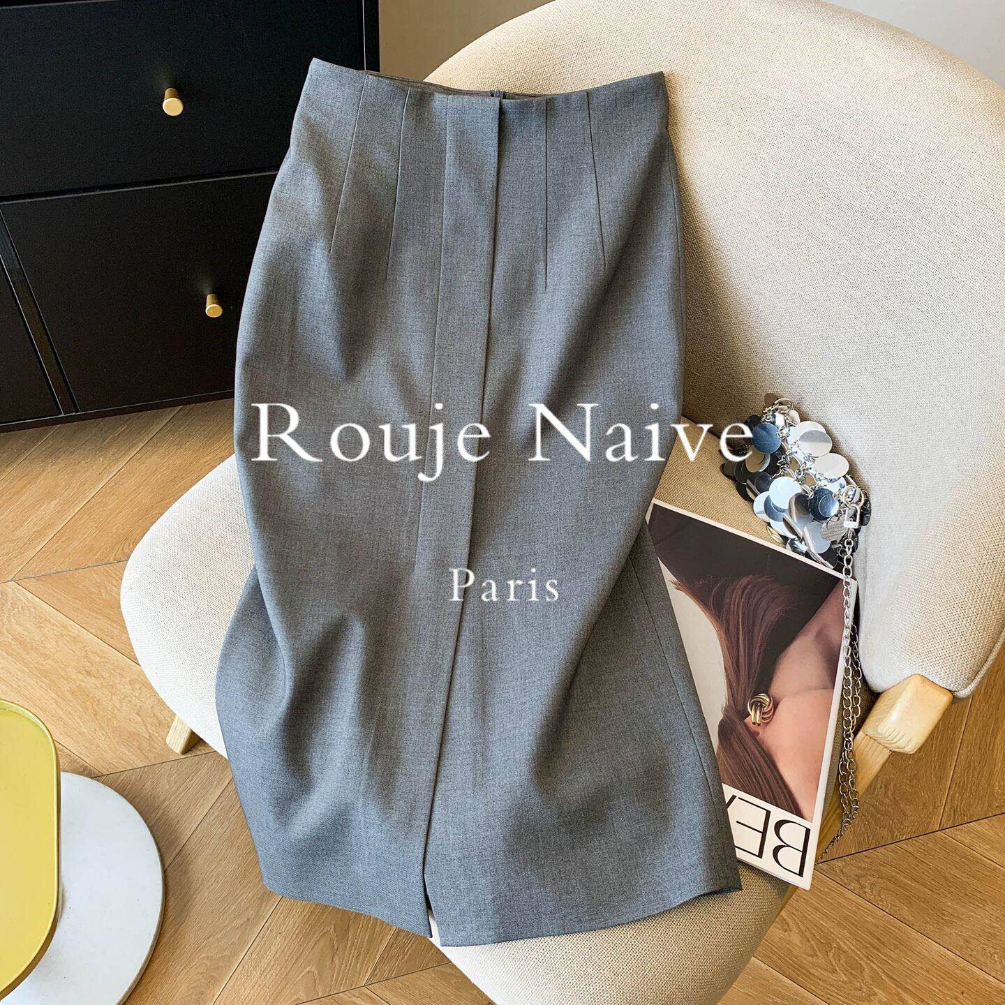 Rouje Naive高级灰西装半身裙2026春新款高腰显瘦通勤直筒包臀裙
