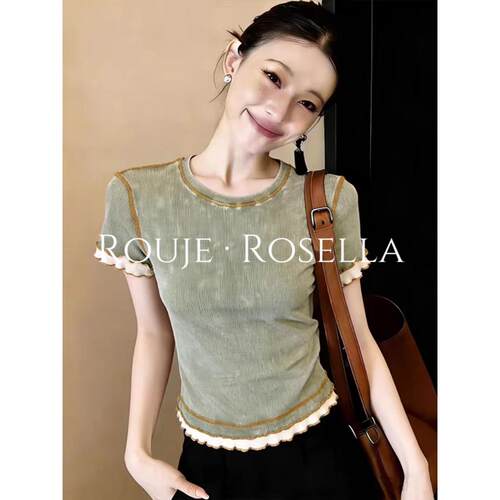 法国Rouje Rosella绝美别致复古做旧短袖T恤女夏木耳边修身上衣