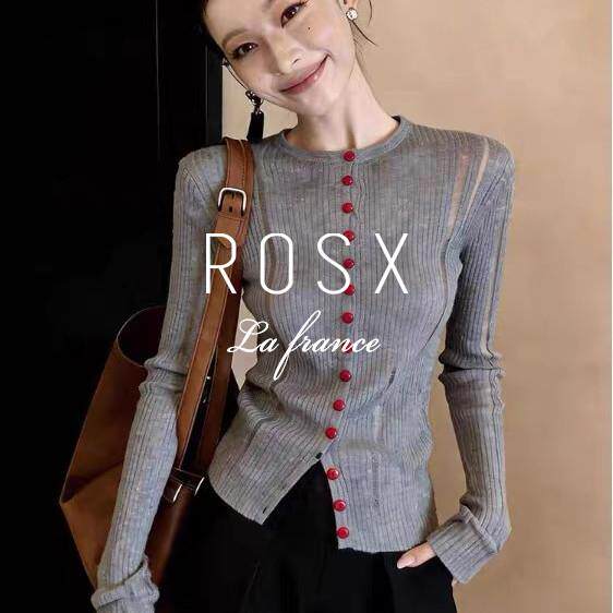 ROSX法式复古做旧镂空圆领长袖针织衫女秋新款高级感修身正肩上衣