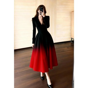 秋季巨好看显身材红色渐变宴会小香风连衣裙出席重要场合的裙子