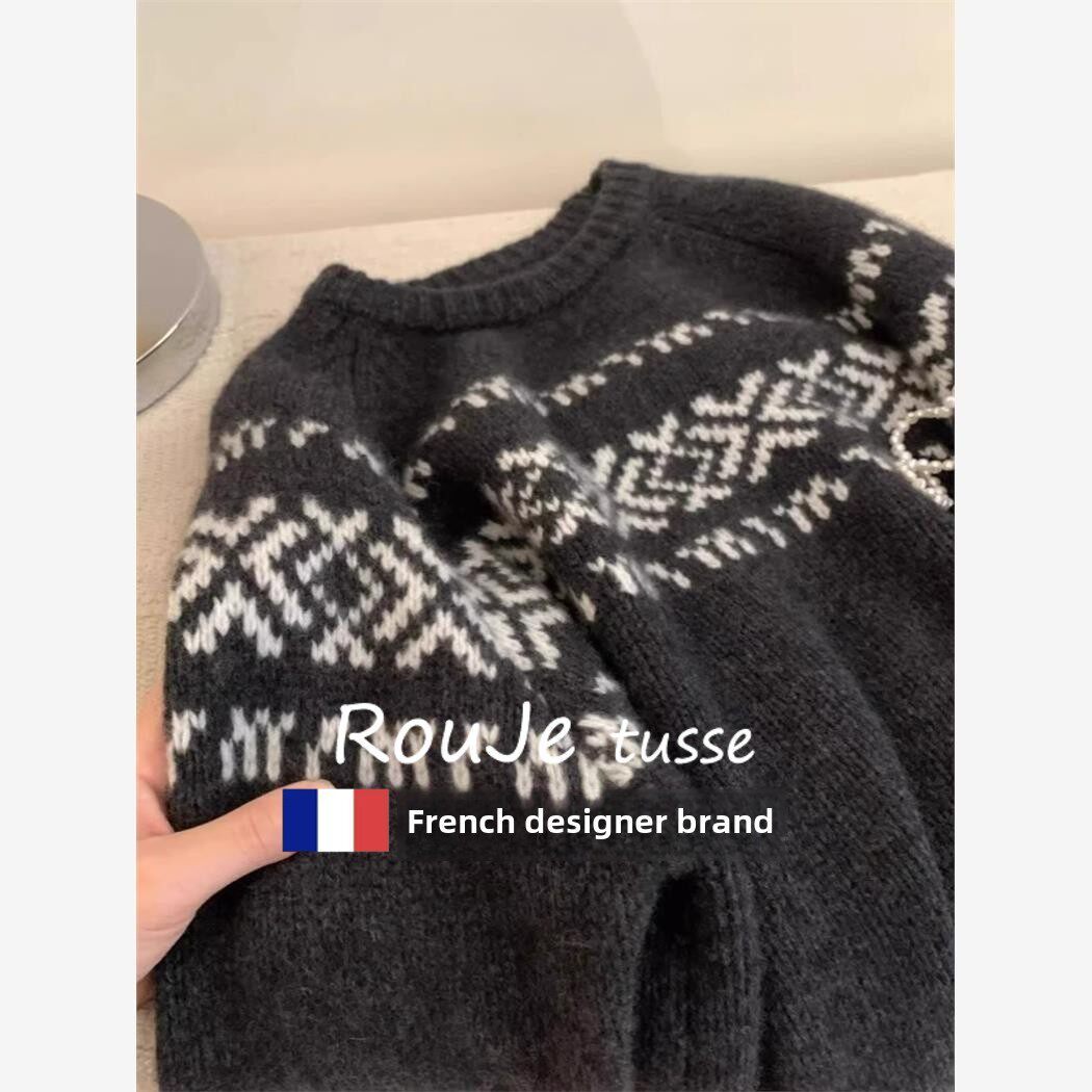 覆古深灰色提花费尔岛套头羊绒毛衣女秋冬款圣诞慵懒风羊毛针织衫