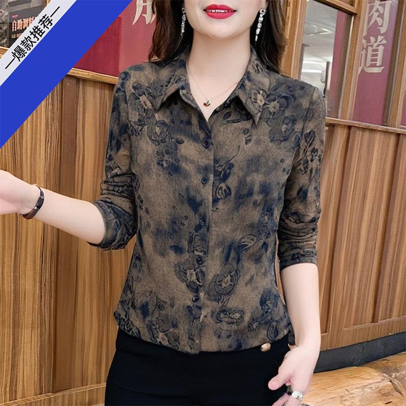 中年妈妈复古晕染长袖翻领衬衫女士秋季薄款宽松大码显瘦洋气衬衣