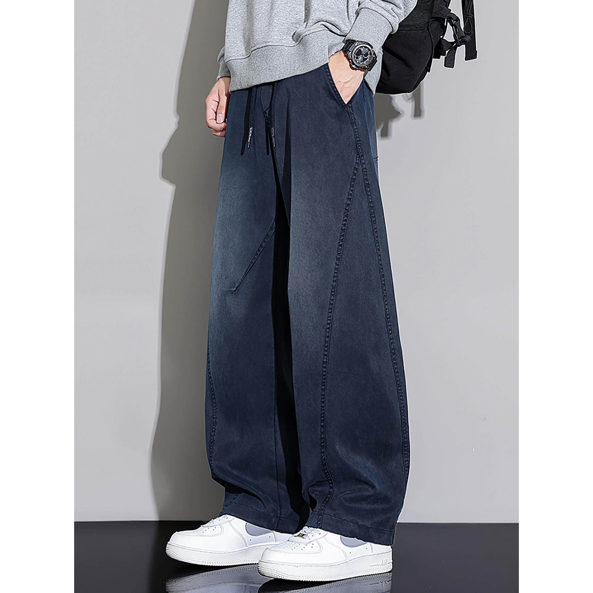 潮牌美式秋冬季加绒加厚弯刀牛仔裤男士宽松阔腿裤水洗休闲长裤子