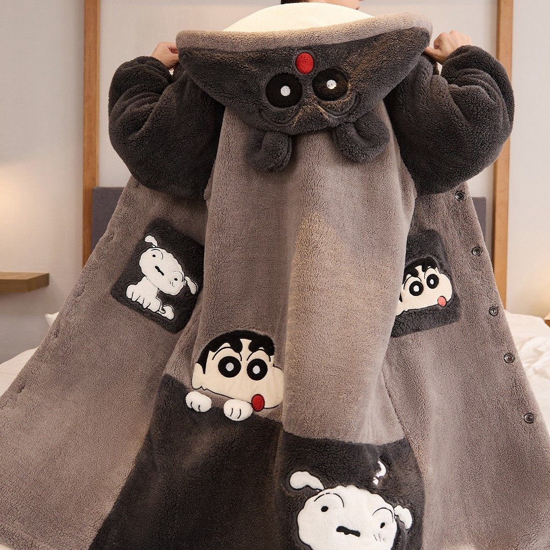 法国OIMG加绒加厚睡袍男珊瑚绒浴袍睡衣蜡笔小新加肥加大码家居服