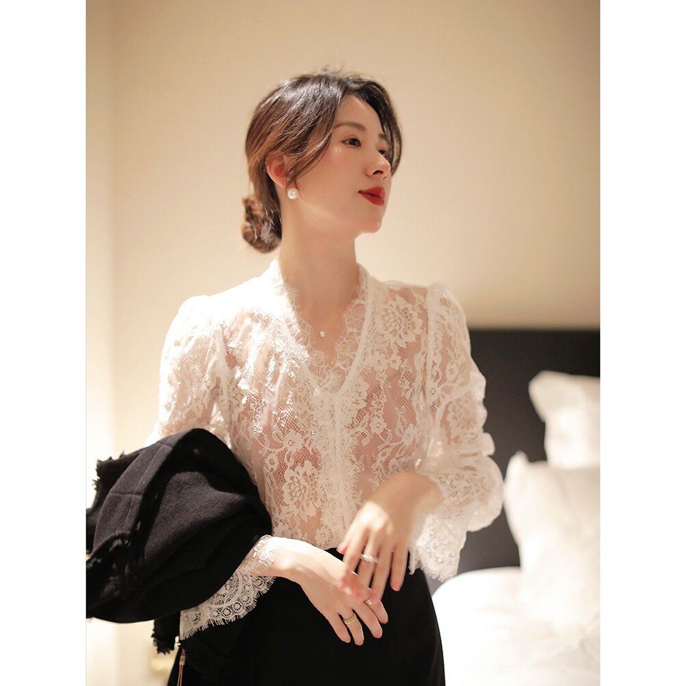 DORACTR 美炸！西装内搭外穿OL通勤气质鱼骨蕾丝白衬衫上衣女春季