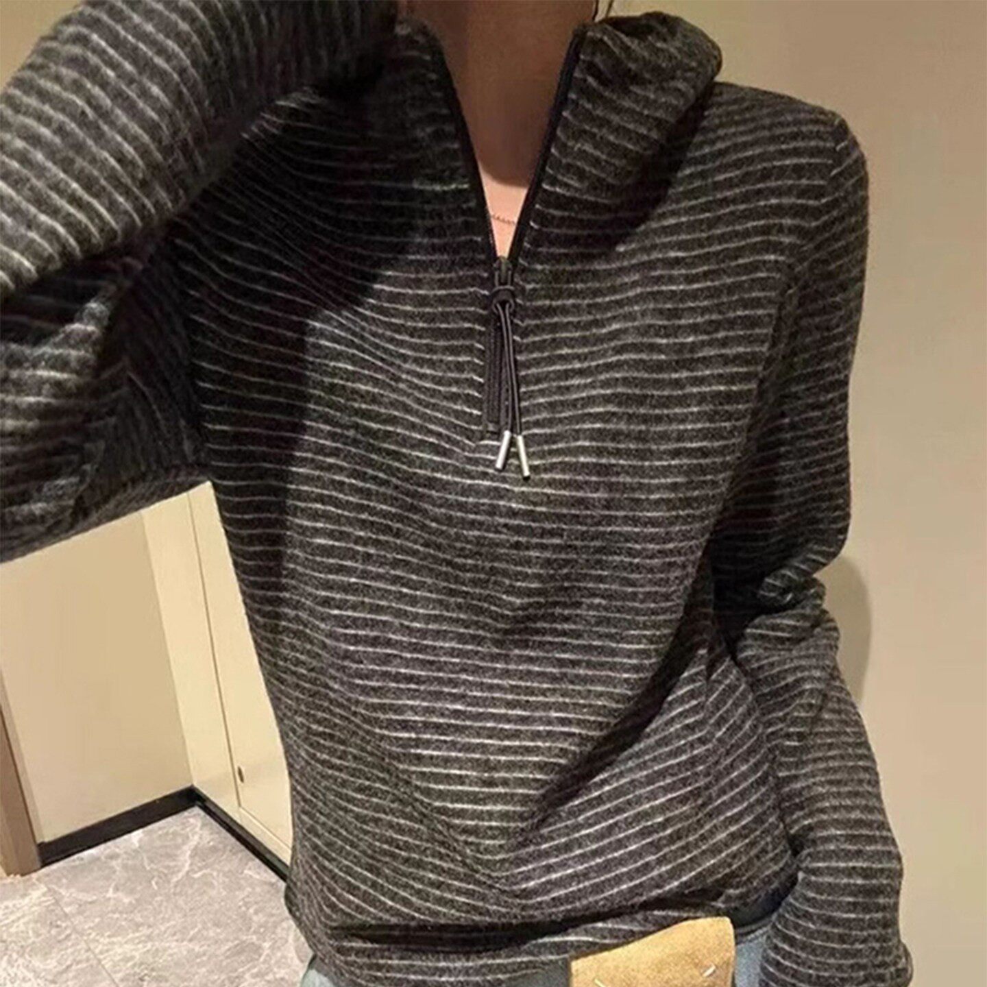 rouje bonjour灰色条纹连帽拉链德绒内搭上衣女秋修身磨毛长袖T恤